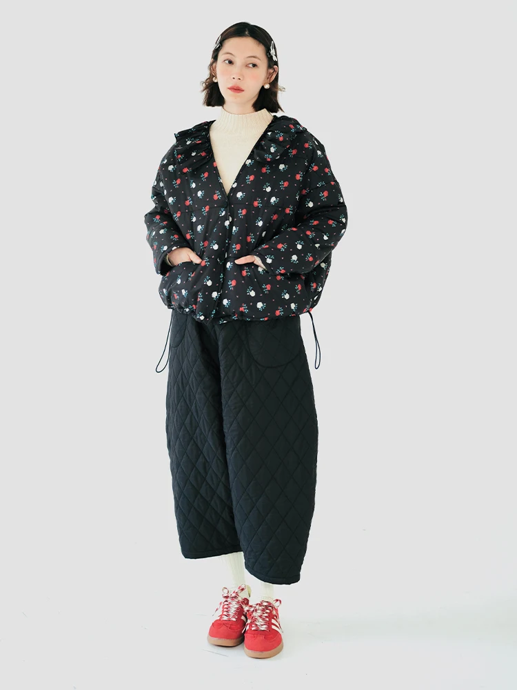 imakokoni original design autumn and winter thick warm coat floral long sleeve V-neck cotton-padded jacket top for women