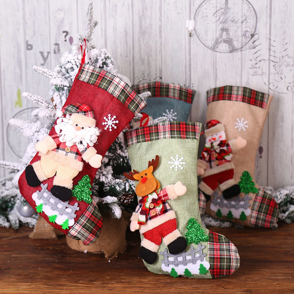 Christmas Socks 3D Christmas Pendant Decoration Linen Plush Xmas Tree Ornament Gift Candy Bag Home Decoration