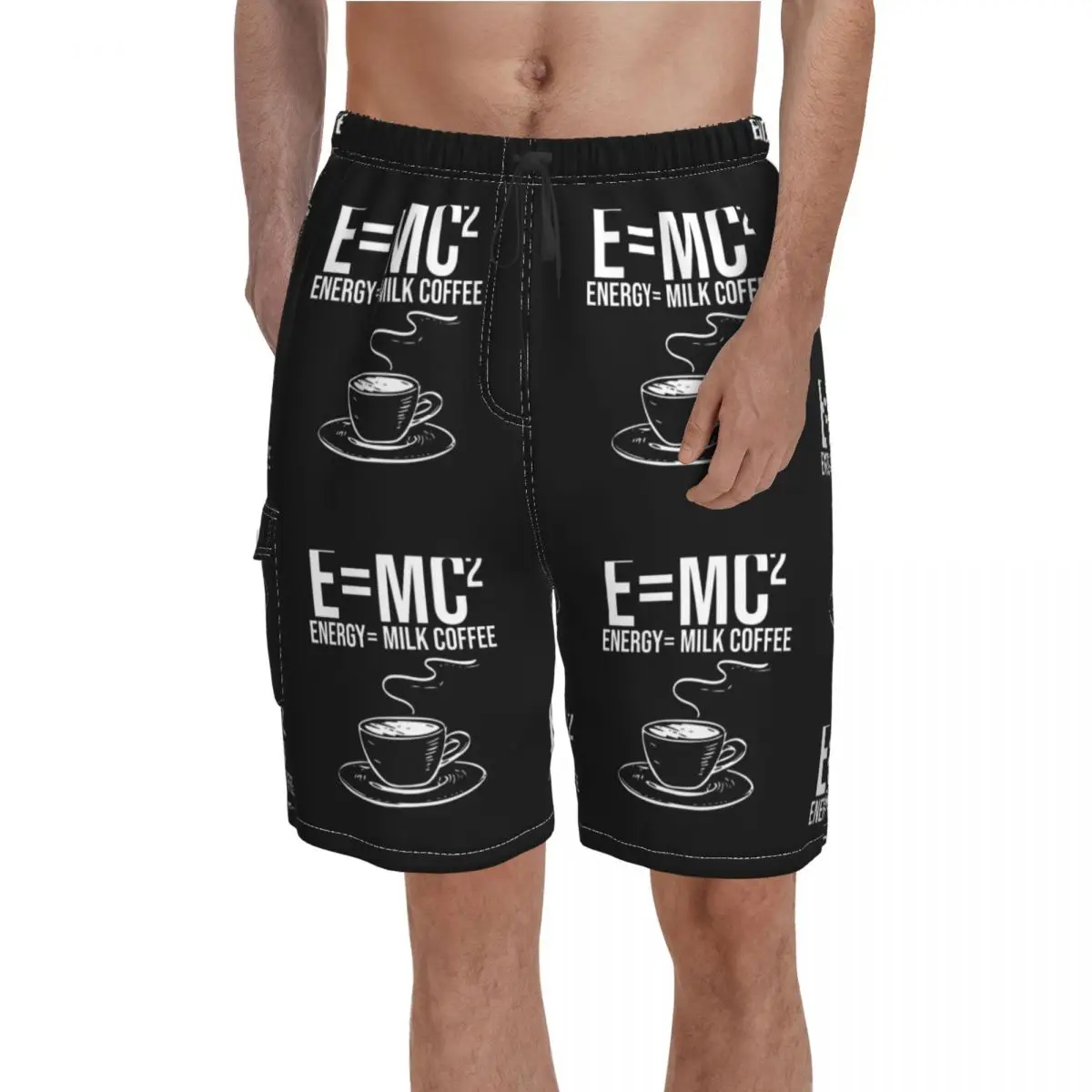 

E=MC2 Energy Milk Coffee Scent Board Shorts Funny Words Polyester Swimming Trunks Beach Pattern Men Swim Trunks