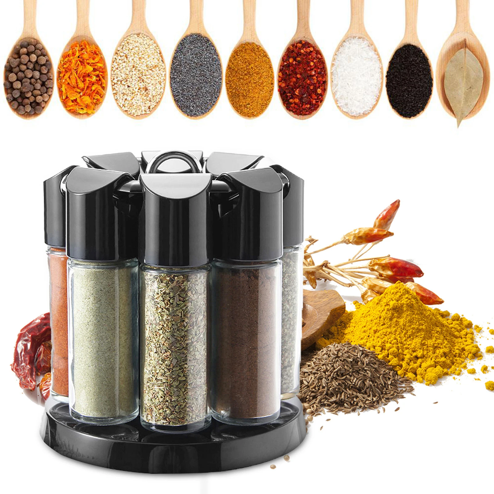 

8-Jar Revolving Spice Rack Set Rotating Jar Herb And Spice Countertop Spice Organizer Spinning Countertop Herb And Spice Rack