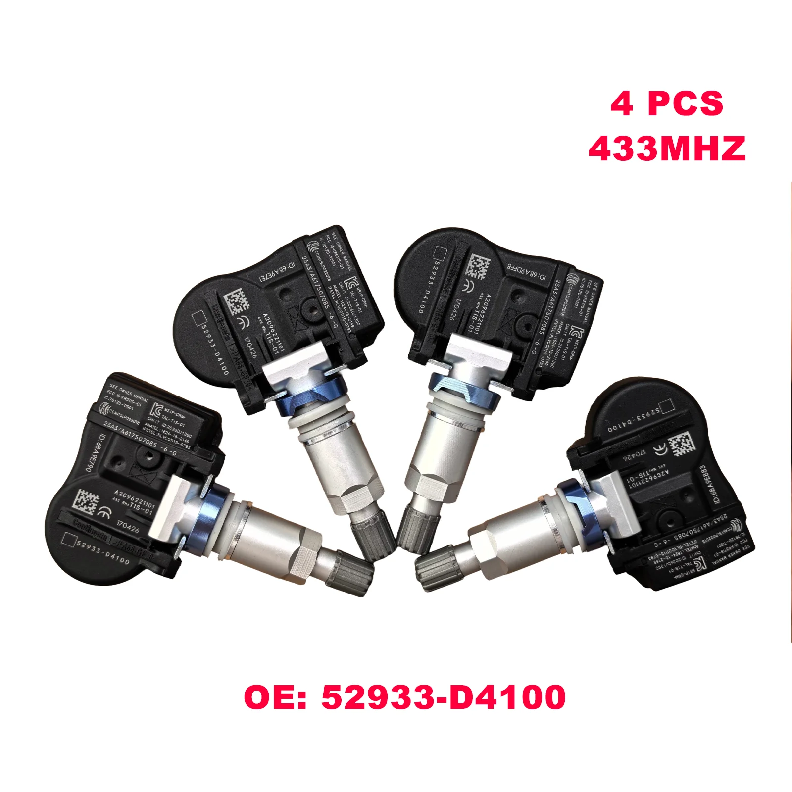 Фото Комплект из 4 датчиков TPMS 433 МГц для Hyundai Kona, Elantra, Santa Fe, Kia Sportage, Sorento, Optima (датчики давления в шинах) 52933-D4100, 52933-D9100 №1