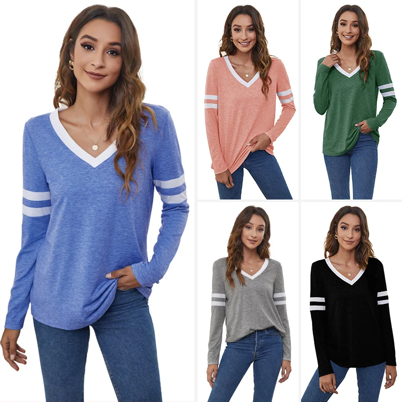 

Autumn V-neck Loose Long-sleeved Top Contrast Color Casual T-shirt for Women