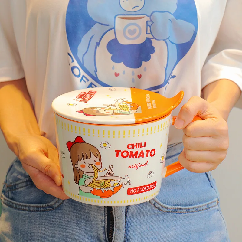 

950ml Boy Girl Instant Noodle Bowl With lID Ceramic Soup Salad Bowl Handle Cup Student Office Lunch Box Microwave oven safety