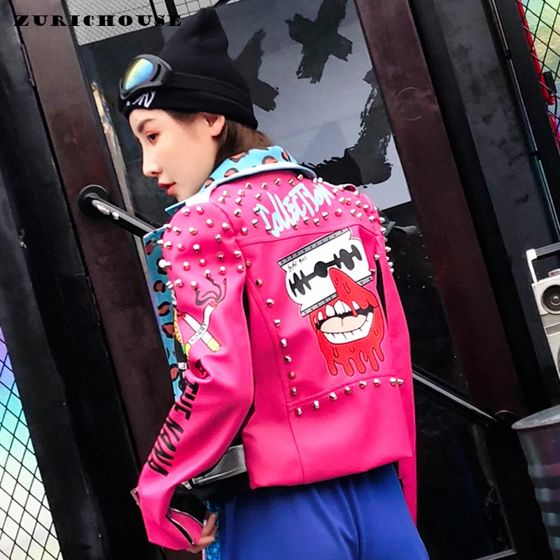 

ZURICHOUSE High Fashion Design Fun Graffiti Print PU Leather Jacket Women Slim Short Streetwear Punk Rivet Biker Coat Mujer