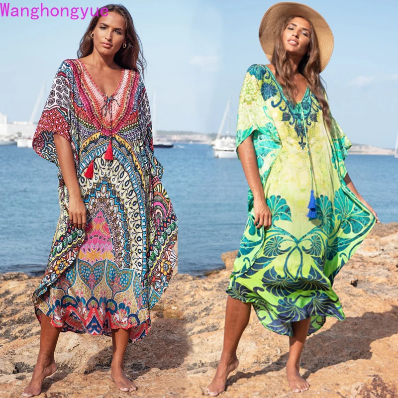 

2022 Moroccan Kaftan Bohemian Printed Summer Dress Long Tunic Women Plus Size Beach Wear Swim Suit Cover Up Robe de plage