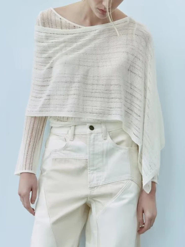 

TRAF 2023 Women Summer Asymmetrical Blouse New Female Casual Solid Round Neck Long Sleeve Cloak Knit Daily Comfort Thin Tops