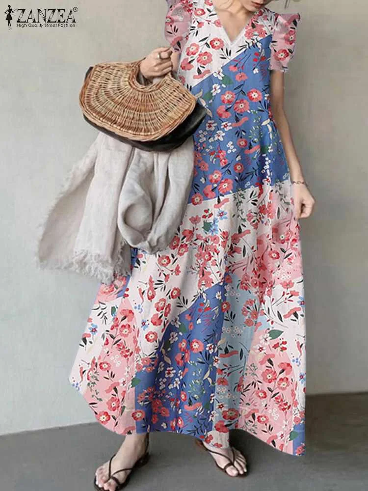 

Summer Women Bohemian Maxi Sundress ZANZEA Floral Printed Drses Casual Ruffle Short SleeveVestidos Holiday Loose Robes Oversized