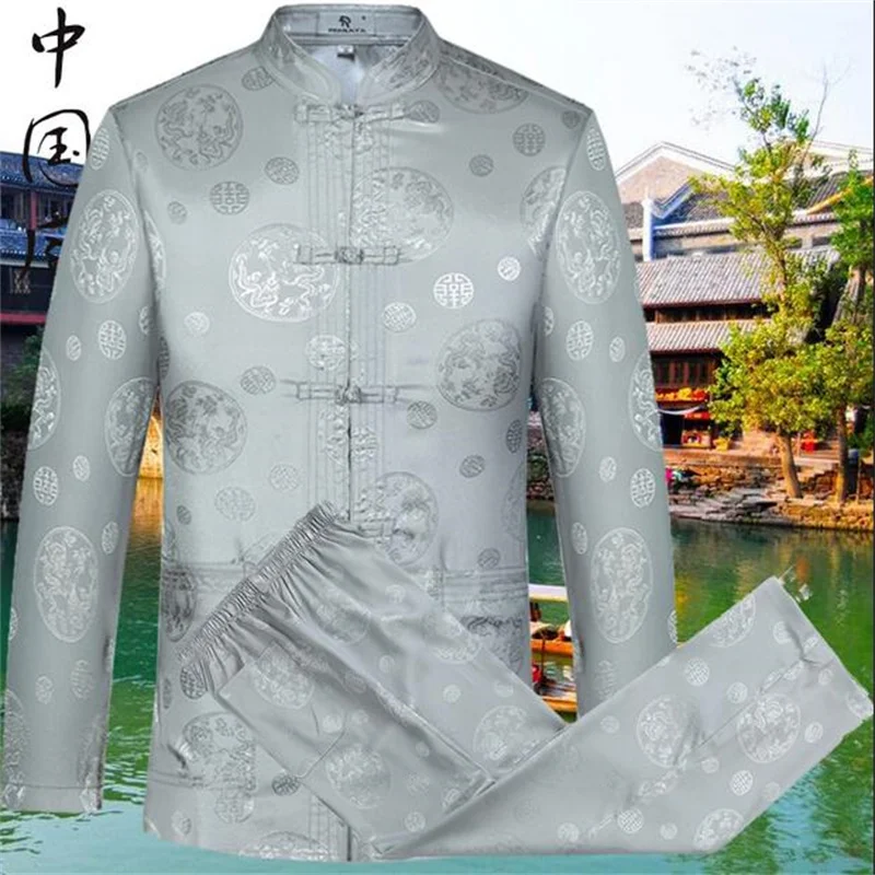 Free shipping ! Summer 2020 silk long-sleeve shirt men outerwear fashion shirts men chinese tunic tang suit set shirt + pant