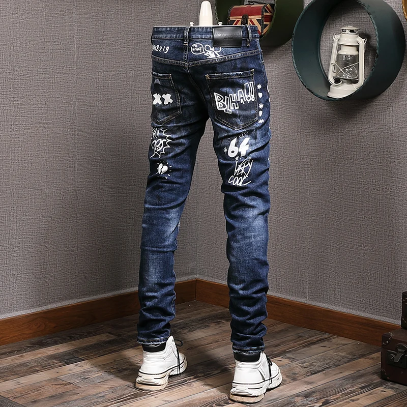 Fashion Streetwear Men Jeans Retro Blue Stretch Slim Ripped Jeans Men Punk Trousers Printed Designer Hip Hop Brand Pants Hombre