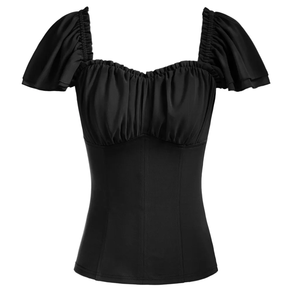 

SD Women's Shirt Renaissance Tunics Solid Dual-Layer Cap Sleeve Blouse Sexy Square Neck Summer Casual Tops Blusas Top Women