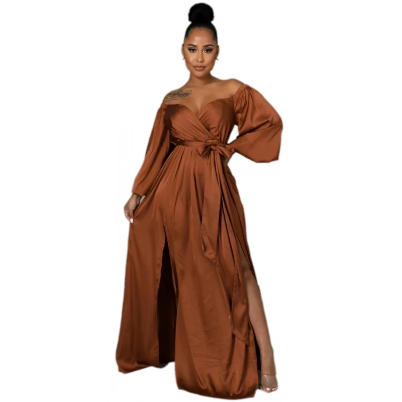 

Women Off Shoulder Plunging V-Neck High Side Split Mermaid Maxi Dress 2022 Spring Autumn Sexy Night Party Club Long Dresses