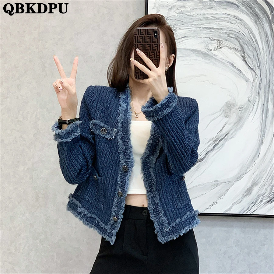 

Vintage Coarse Tweed Tassel Raw Edge Denim Coat Designer Women's Spring Fall Elegant Jackets Korean Streetwear Short Outwear Top