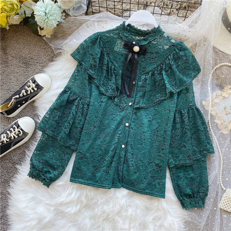 

Sexy Lace Shirt Women's 2023 Spring New Bow Stand Collar Long Sleeve Blusas Femininas Elegante Style Women Blouse Shirt Top 559B