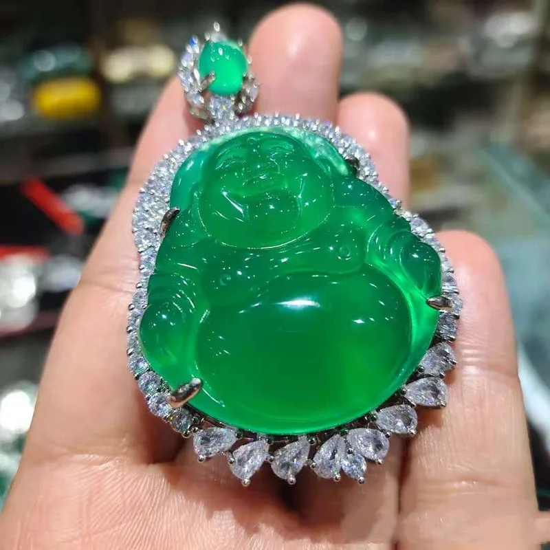 

New Agate Green Chalcedony Inlaid Buddha Pendant Female Fashion Pendant Necklace Jewelry