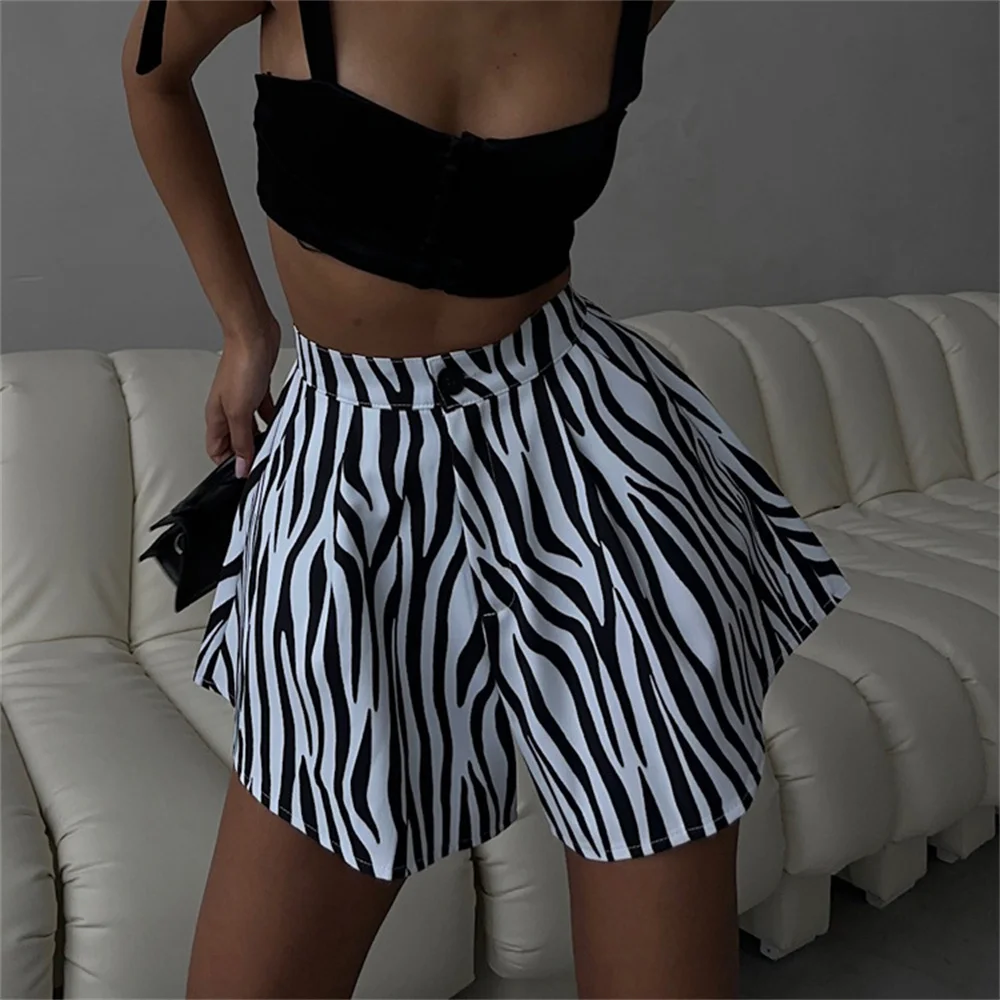 Summer Zebra Stripe Shorts for Women Casual Cotton High Waist A-Line Wide Leg Shorts Office Lady Classic Print Streetwear