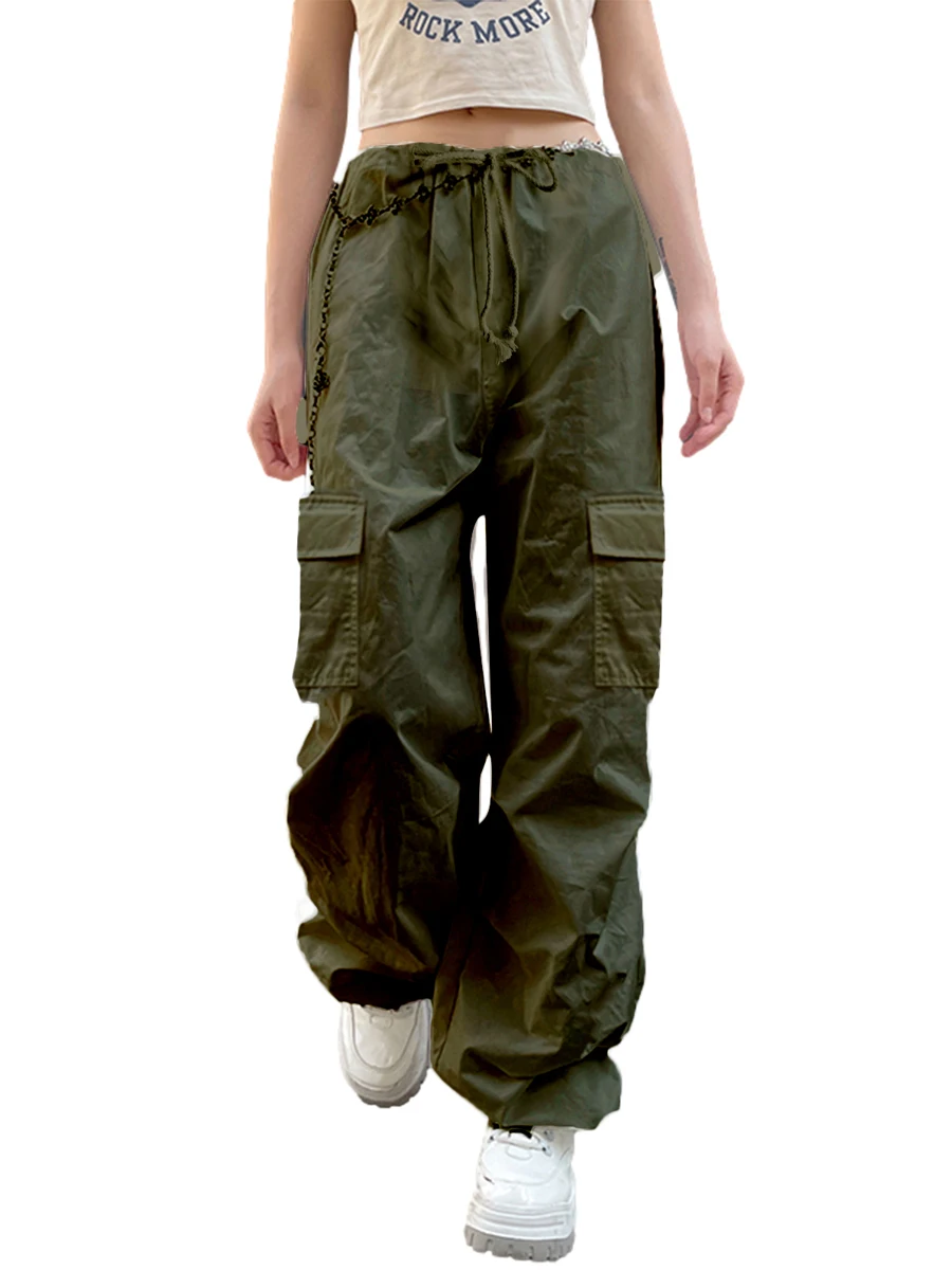 

Women s Baggy Wide Leg Cargo Pants Mid Waist Drawstring Straight Leg Pants Hippie Multi-pockets Streetwear