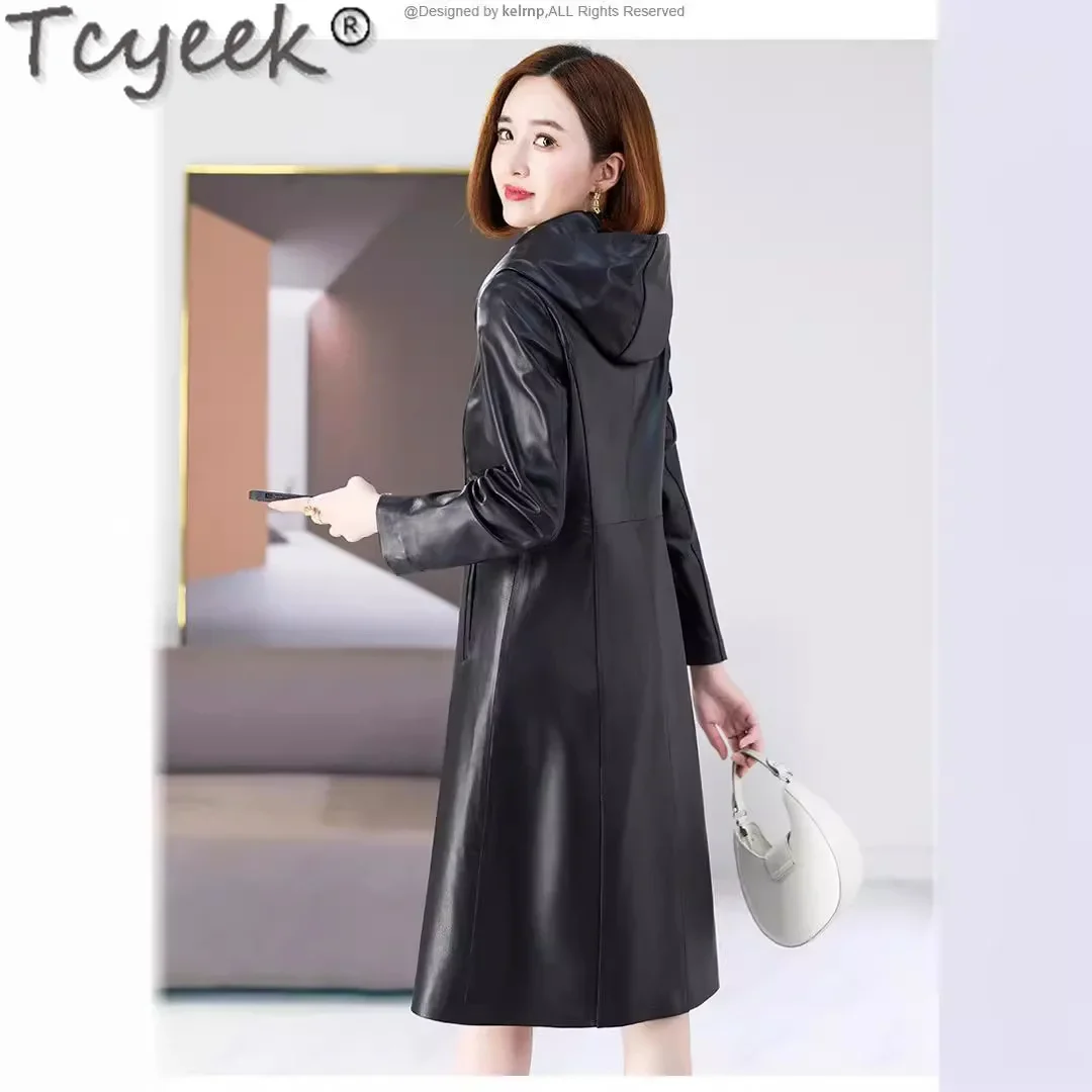 Tcyeek куртка из натуральной кожи женский плащ овчины с капюшоном женские кожаные