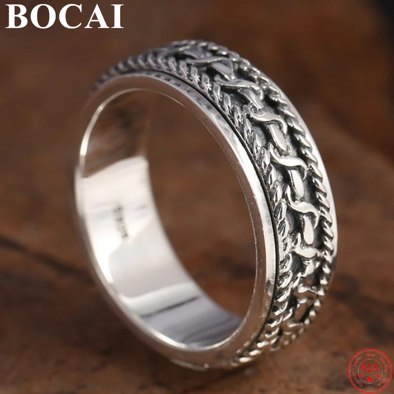 

BOCAI Real Sterling Silver S925 Ring 2021 New Fashion Retro Thai Silver Personality Rotatable Woven Female Argentum Ring