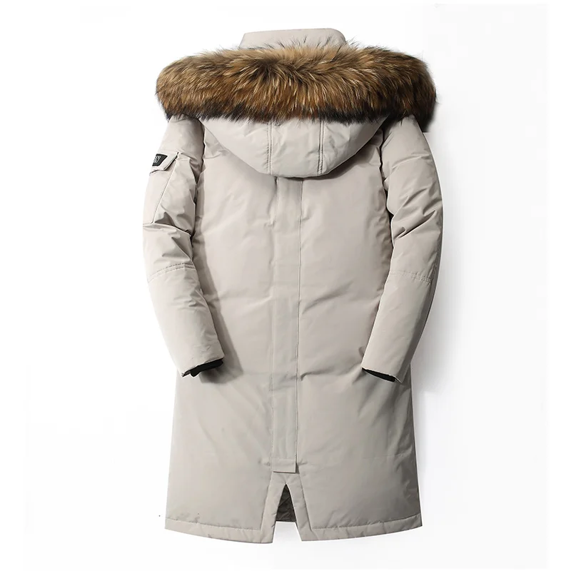 Detachable fur hooded white duck down warm winter jacket - 30 degree Multi Pocket hooded men's coat