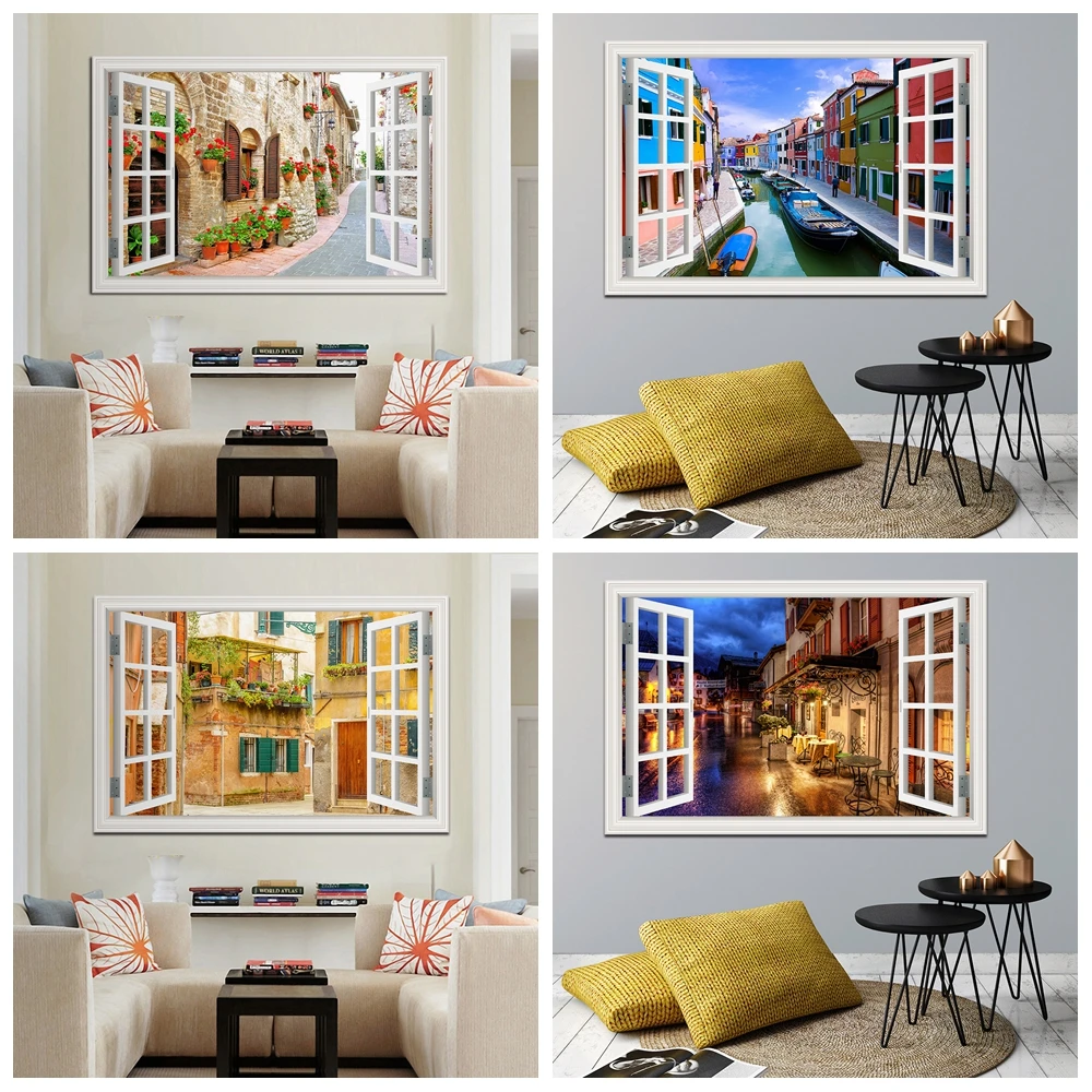 

3D Window View Wall Sticker European Town Street Picture Poster Landscape Vinyl Decal Wallpaper For Home Living Room Decor