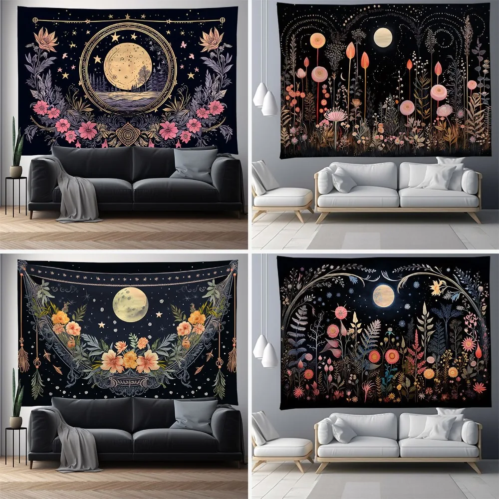 Скандинавский Настенный Гобелен С Луной И Цветами Дизайн Современный Стиль