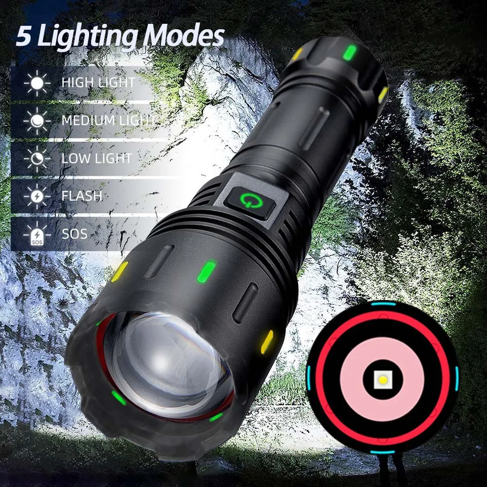 

Superbright LED Flashlight Long Range 30W With Power Bank Recharge Outdoor Camping Torch Emergency Lighting Telescopic Focusing