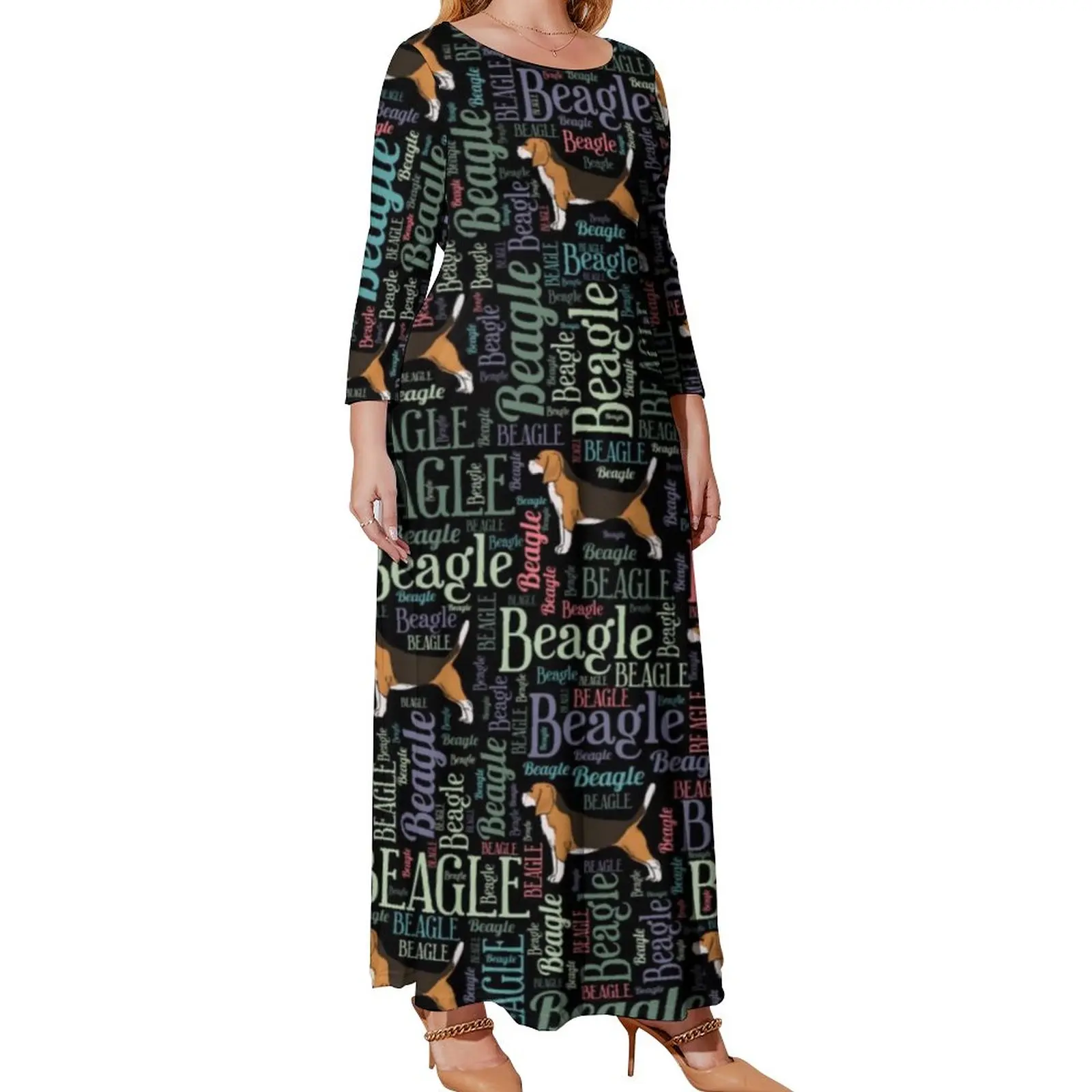 Word Art Print Dress Plus Size Beagle Letter Modern Pattern Maxi Dress Long Sleeve Aesthetic Beach Long Dresses Gift Idea