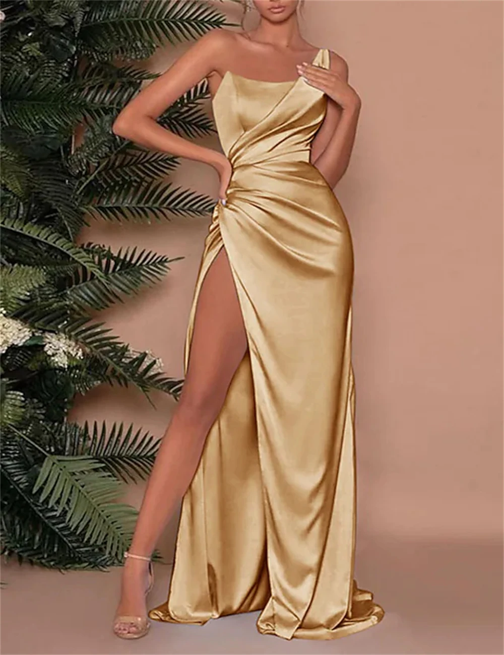 

Empire Sexy High Split Prom Dresses for Women Wedding Guest One Shoulder Sleeveless Sweep Train Charmeuse with Ruched Slit 2023