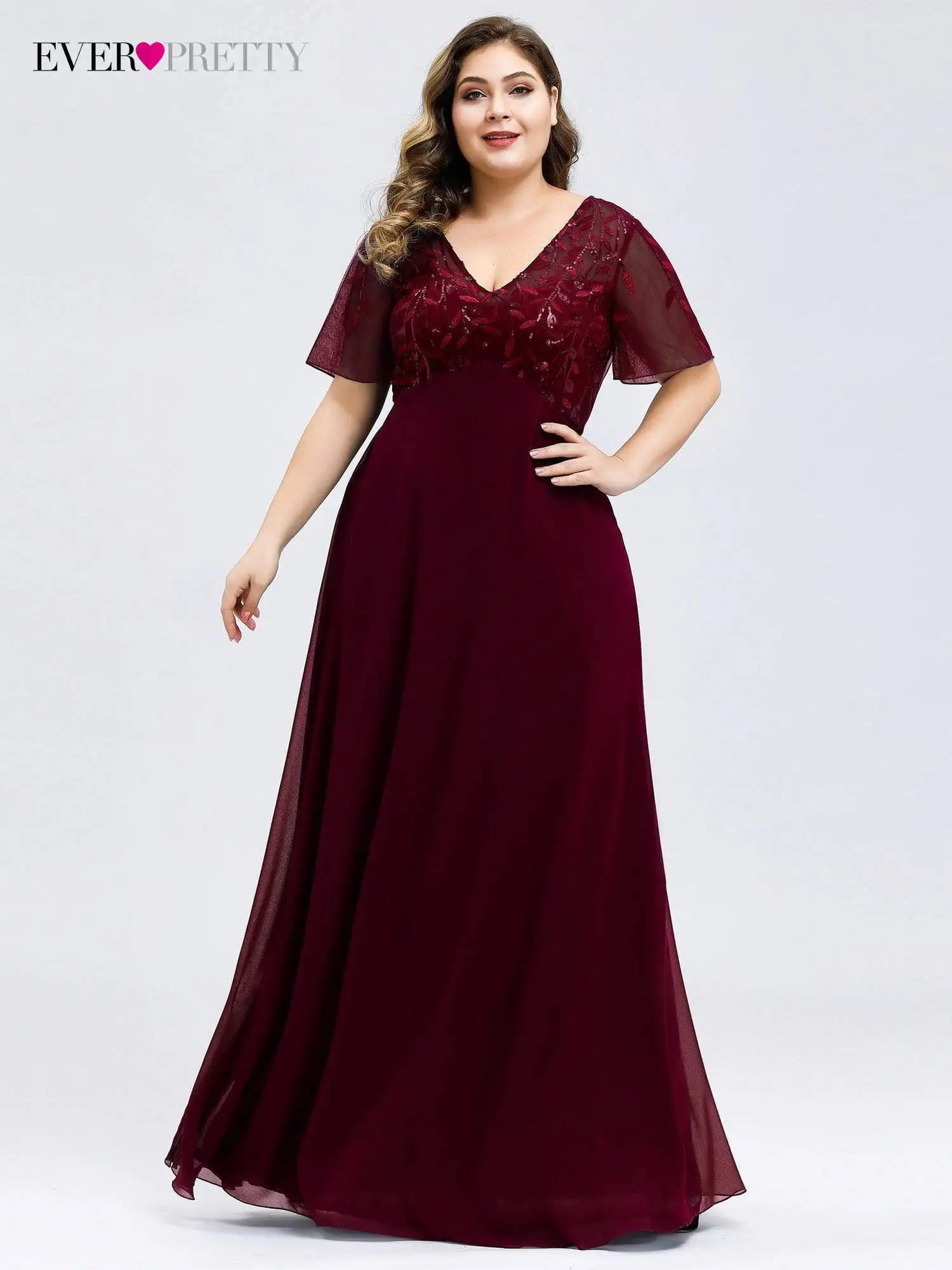

Plus Size Elegant Evening Dresses Long A-LINE V-Neck Short Sleeve Floor-Length Gown 2022 Ever Pretty of Chiffon Prom Women Dress