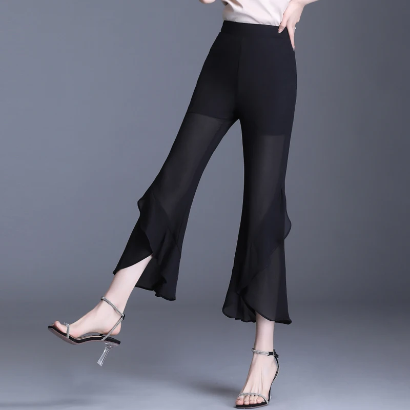 Брюки-клеш ZUZK женские шифоновые однотонные пикантные модные штаны с оборками