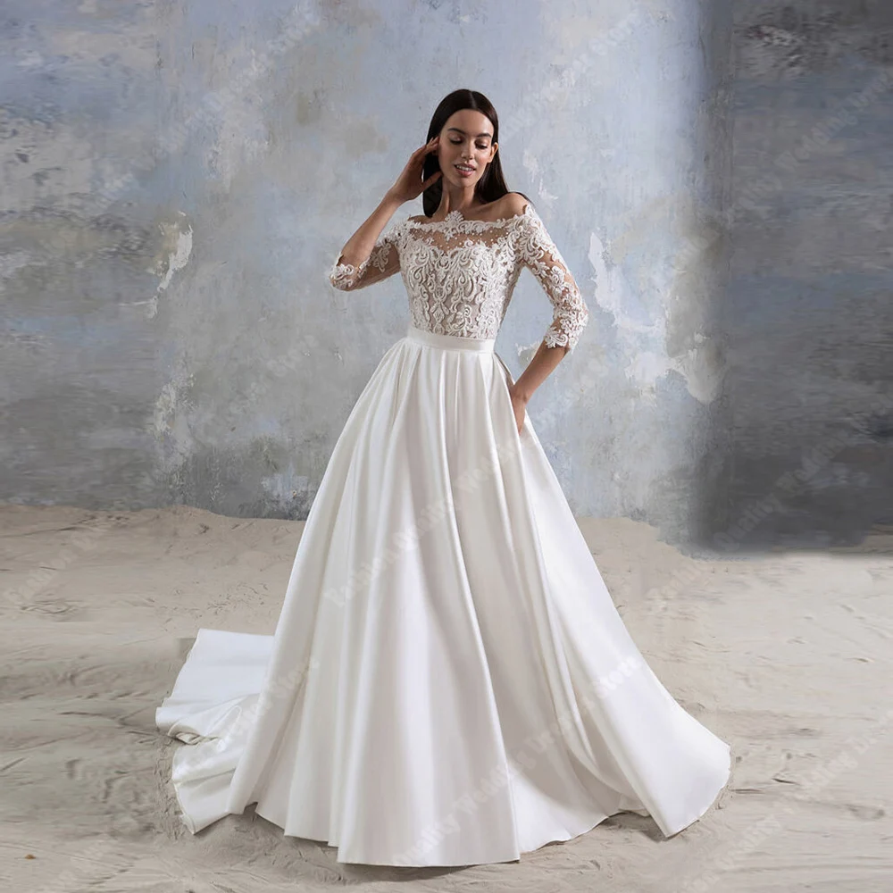 Элегантные блестящие атласные женские свадебные платья с открытыми плечами и