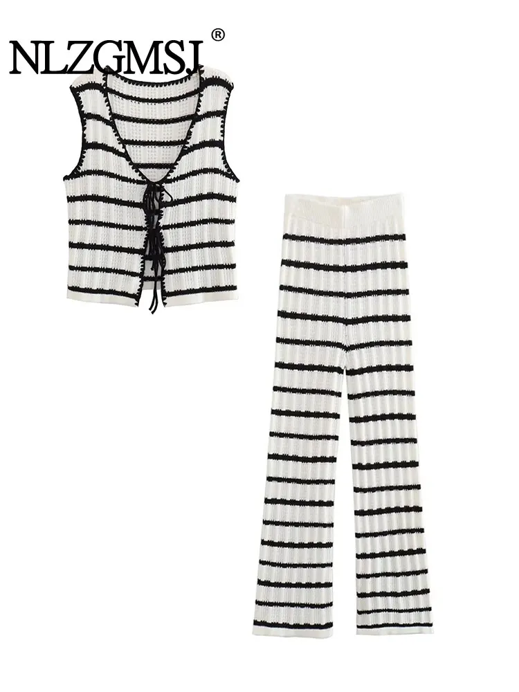 

Nlzgmsj TRAF Thin Striped Knitted Women Sweater Sets 2023 Summer V Neck Sleeveless Tied Slim Vest Crop Top Female Pants Suits