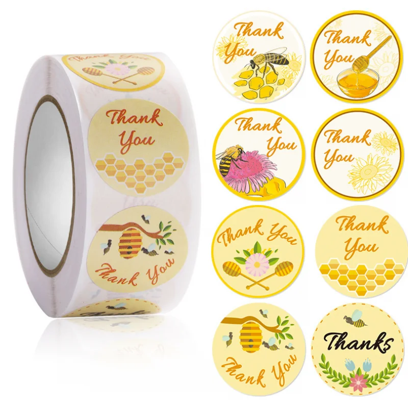 

500Pcs/roll Honey Bee Thank You Stickers Decor Thanksgiving Day Seal Label Chrome Paper Wedding Small Business Gift Tag