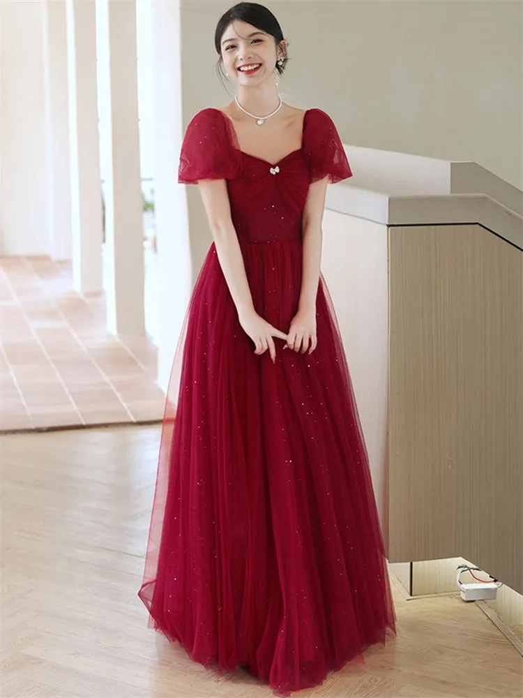 

Elegant Dress Women's Clothing Solid Color Beaded Square Collar Puffed Sleeve Long A-line Skirt Wine Red Evening Gown M163