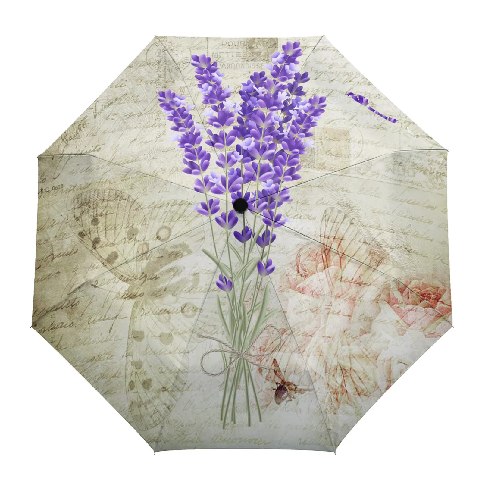

Vintage Plant Lavender Purple Flower Butterfly Custom Automatic Umbrellas for Women Male Windproof Folding Rain Umbrella Parasol