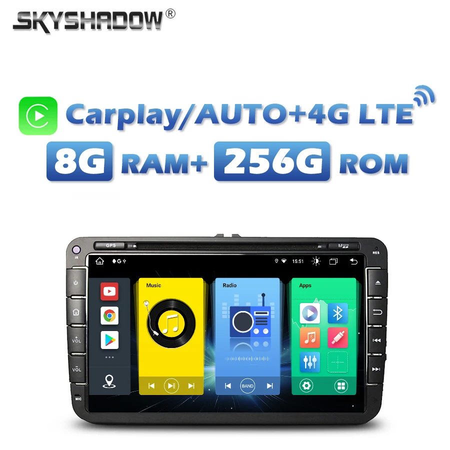 

720P IPS Carplay Android 13.0 8G+256G 4G SIM Car DVD Player GPS Auto Radio wifi Bluetooth for VW PASSAT Tiguan Skoda Leon Golf