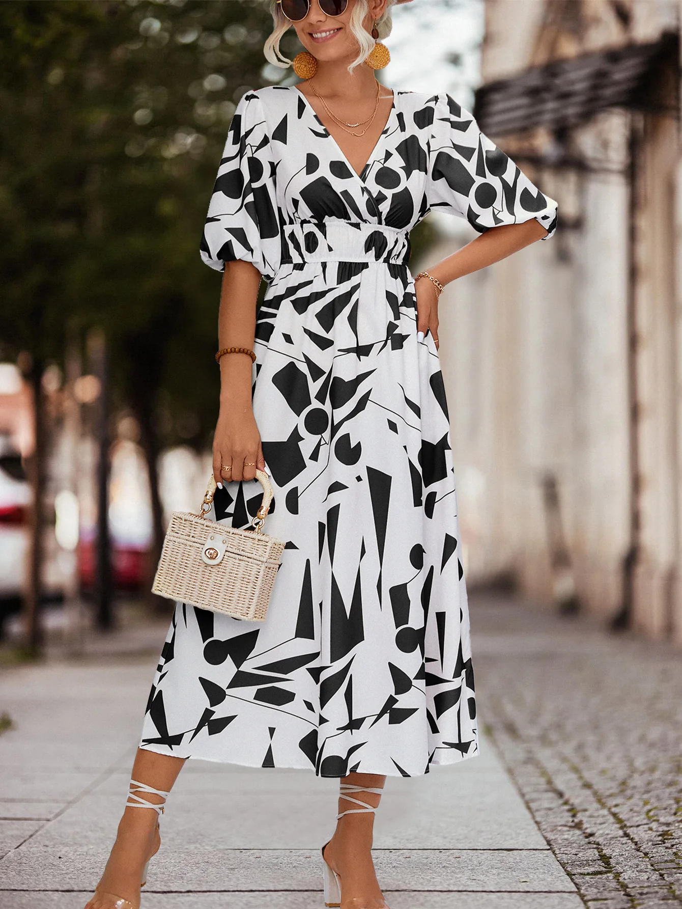 

2023 Spring Summer New Fashion V-neck Bubble Sleeve Dress Casual Elegant Short Sleeve Waist Print Mid-length Dress