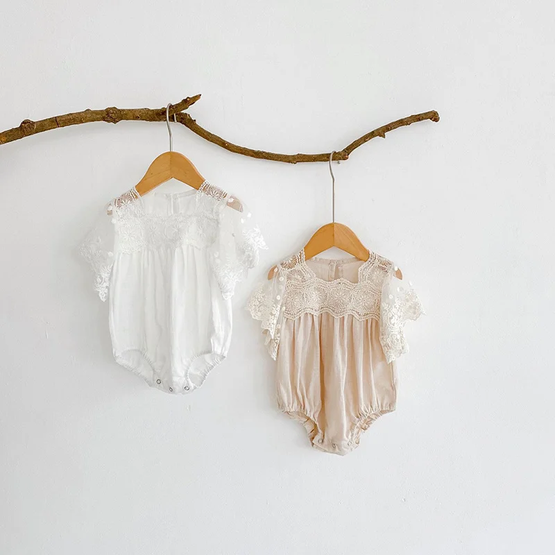 

Summer Rompers Newborn Linen Flower Embroidery Vintage Baby Girl Romper Sweet Cute Mesh Flying Sleeves Baby Jumpsuit Clothes