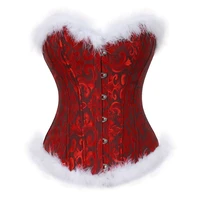 women sexy feathers overbust corset top christmas santa costume vintage floral jacquard burlesque slim corset bustier lingerie