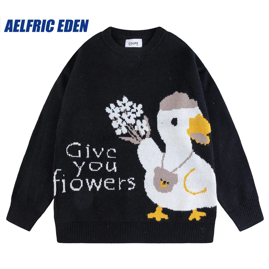 Japanese Harajuku Vintage Sweater Men 2023 Autumn Winter Cartoon Duck Loose Knitted Sweater Hip Hop Streetwear Knitwear Pullover