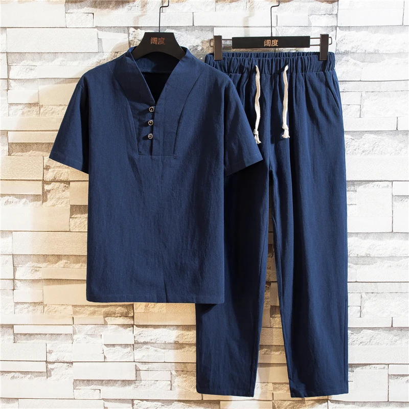 

EADY STOCK Men Cotton Linen Short Sleeve Shirt V-Neck Chinese Style Two Pieces T-shirt+long Pants Men Suits Large Size M-5XL