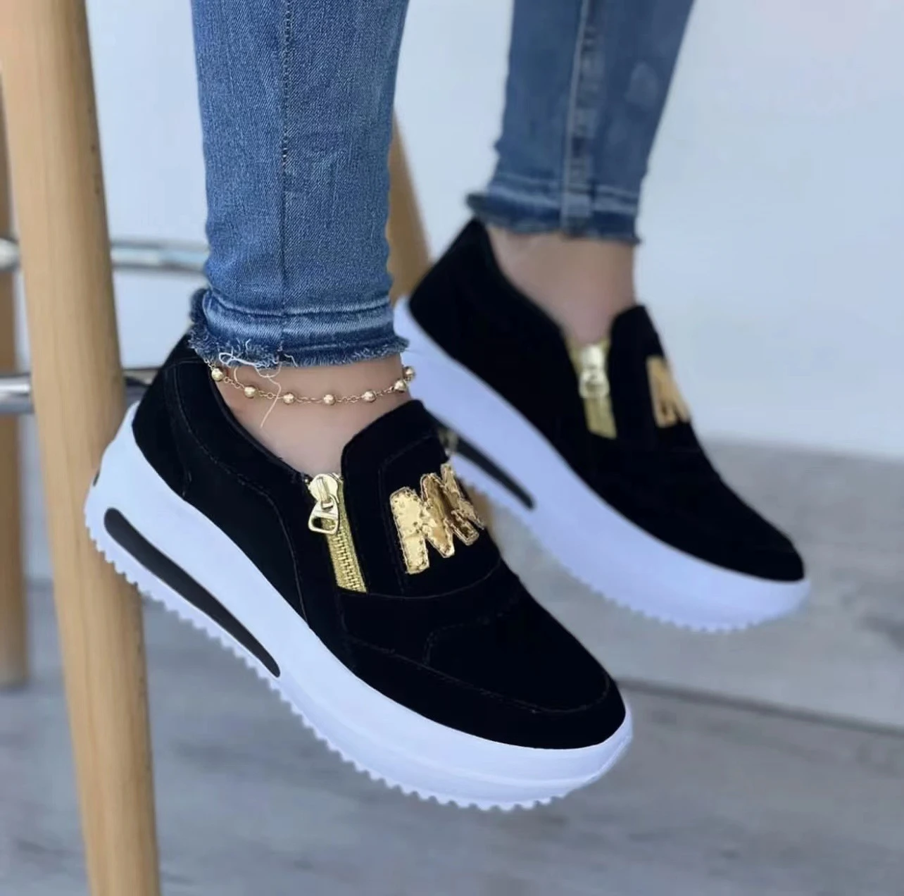 2022 Women Sneakers Casual Double M Printed Side Zipper Platform Shoes Ladies Vulcanized Shoes Zapatillas Mujer Women Shoes
