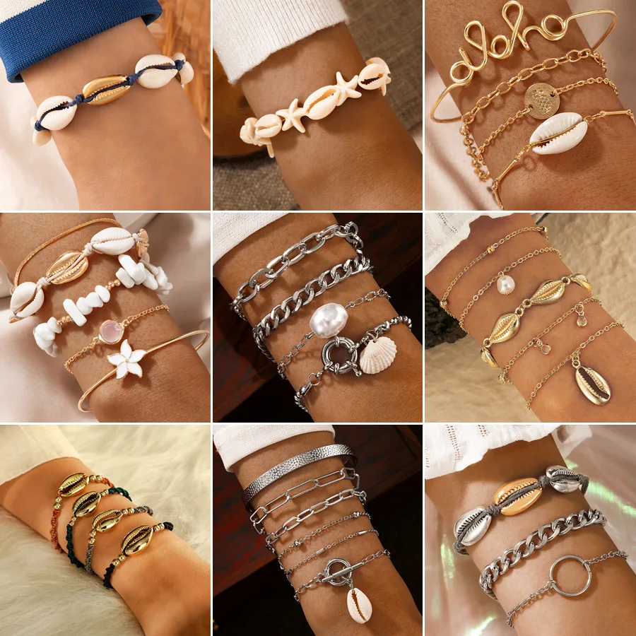 

New 2022 Shell Alloy Chain Bracelet Set Letter Pearl Geometry Multi-layer Bracelet