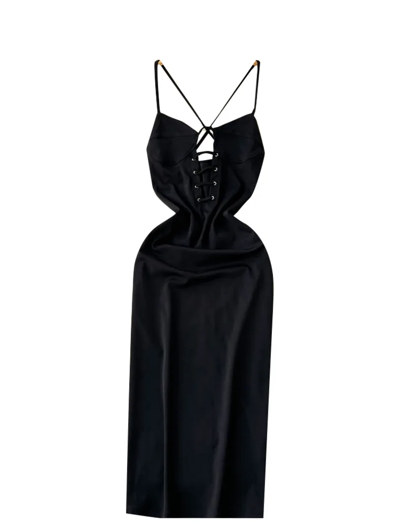 

Foamlina сексуальное женское черное облегающее платье 2022 летнее вечернее платье миди на бретелях без рукавов с вырезами и открытой спиной