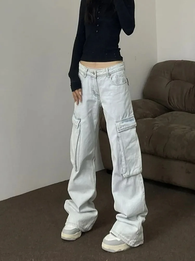 Женские Оригинальные синие джинсы с карманами-карго джинсовые брюки-карго