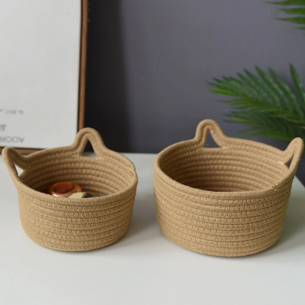 

Round Cotton Basket Rattan Woven Cat Ear Woven Basket Mesh Red Thread Basket Kitchen Organizer Cotton Thread Woven Basket
