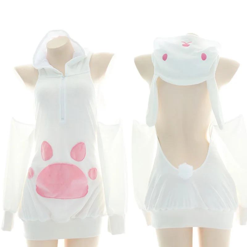 

Cat Paw Plush Women Anime Cosplay Kawaii Cute Backless Sweater Lonely Pink Sweet Sleepwear Sexy Tempatation Hoodie Costume Bunny