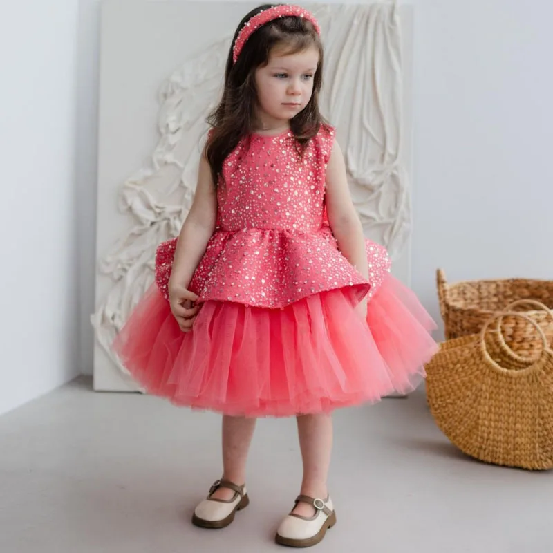 Customized Flower Girl Dresses Dark Pink Tulle Puffy Sequin With Bow Sleeveless For Wedding Birthday Prom Holy Communion Gowns