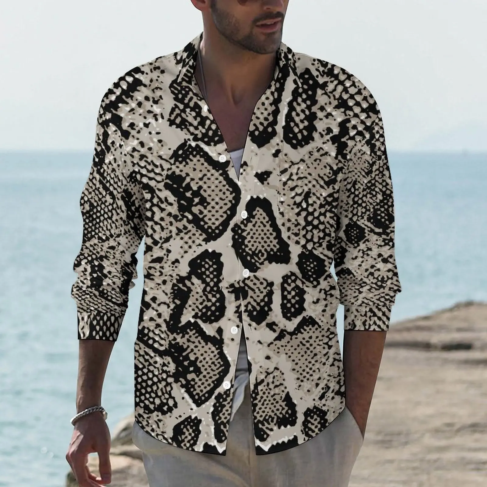 

Рубашка мужская с принтом змеиной кожи, Классическая Повседневная Блузка со змеиным принтом, со змеиным принтом, топ с графическим рисунком