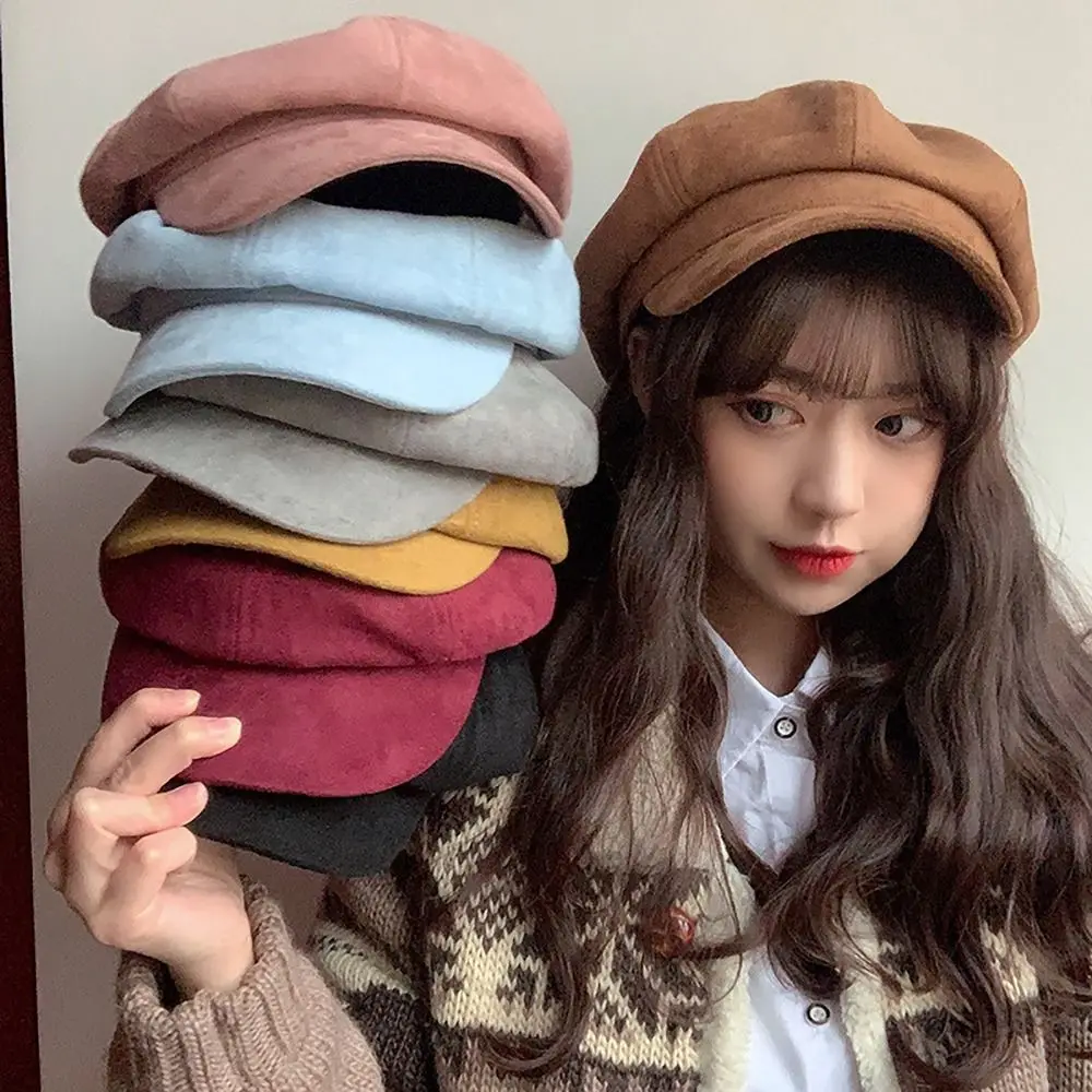 

Восьмиугольная шапка INS стиль Модные ветрозащитные замшевые элегантные береты дышащие однотонные винтажные шляпы газетчика осень и зима